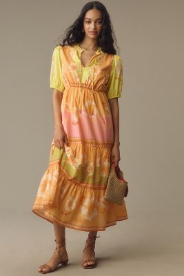 Shop Farm Rio Short-sleeve Tiered A-line Midi Dress In Multicolor