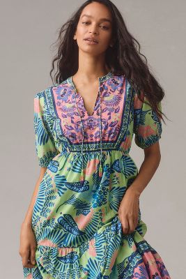 Shop Farm Rio Short-sleeve Tiered A-line Midi Dress In Multicolor