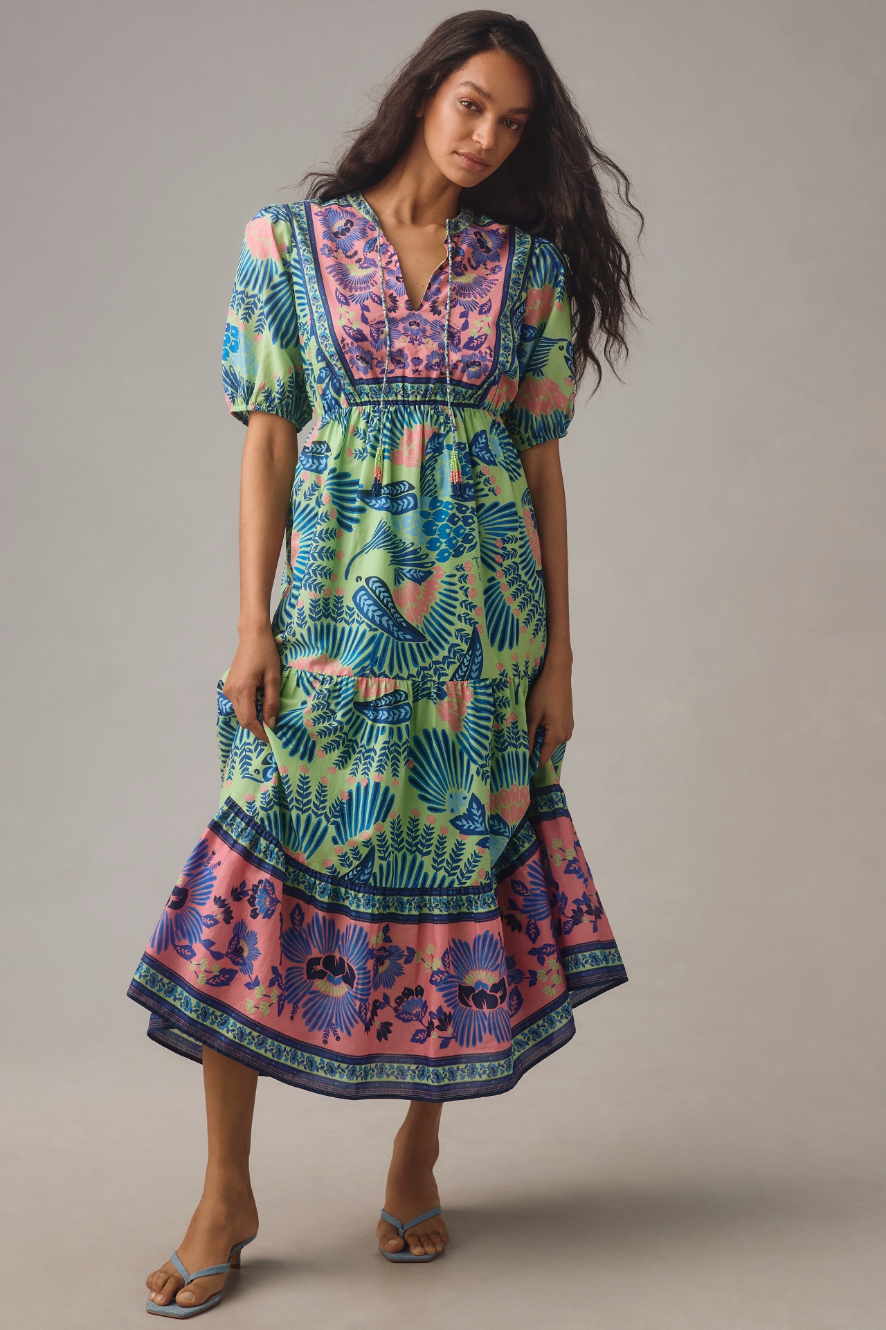 Farm Rio x Anthropologie Short-Sleeve Tiered Midi Dress