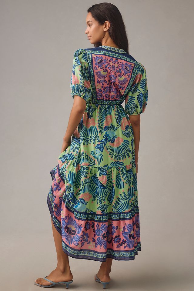 Farm Rio Short-Sleeve Tiered A-Line Midi Dress | Anthropologie