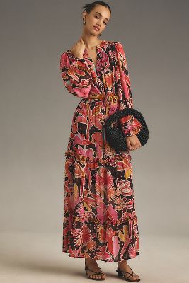 Farm Rio Long-Sleeve Floral Tiered Maxi Dress | Bethesda Row