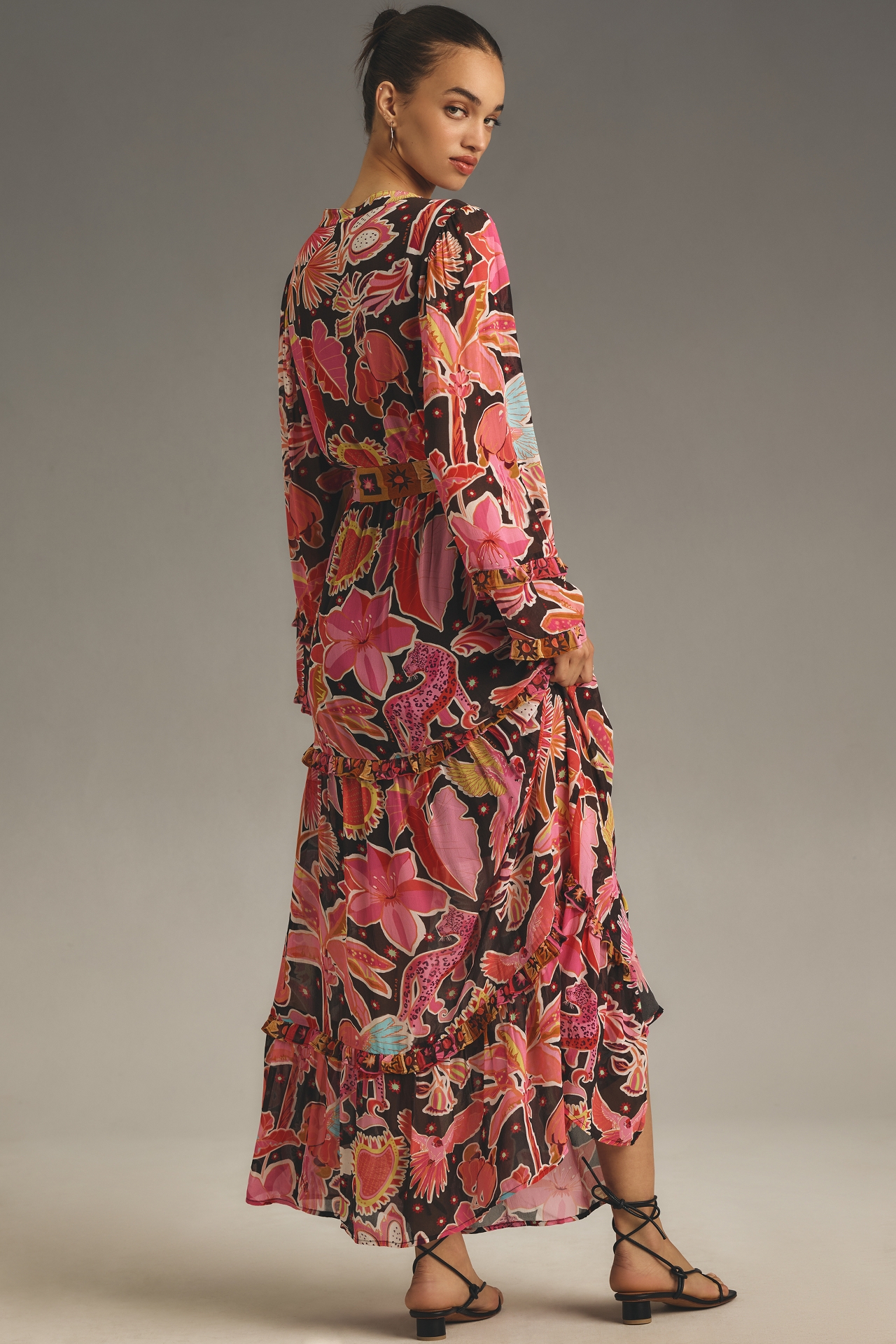 Farm Rio Long-Sleeve Floral Tiered Maxi Dress