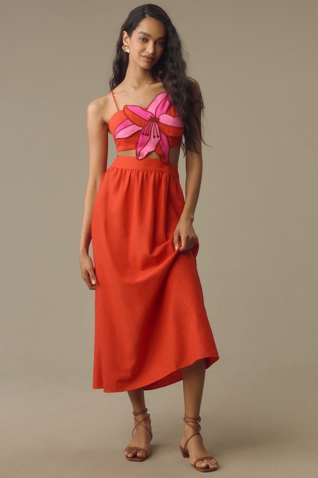 knee length dresses for ladies Belted Floral A-Line Midi Dress by Badgley Mischka main image 1