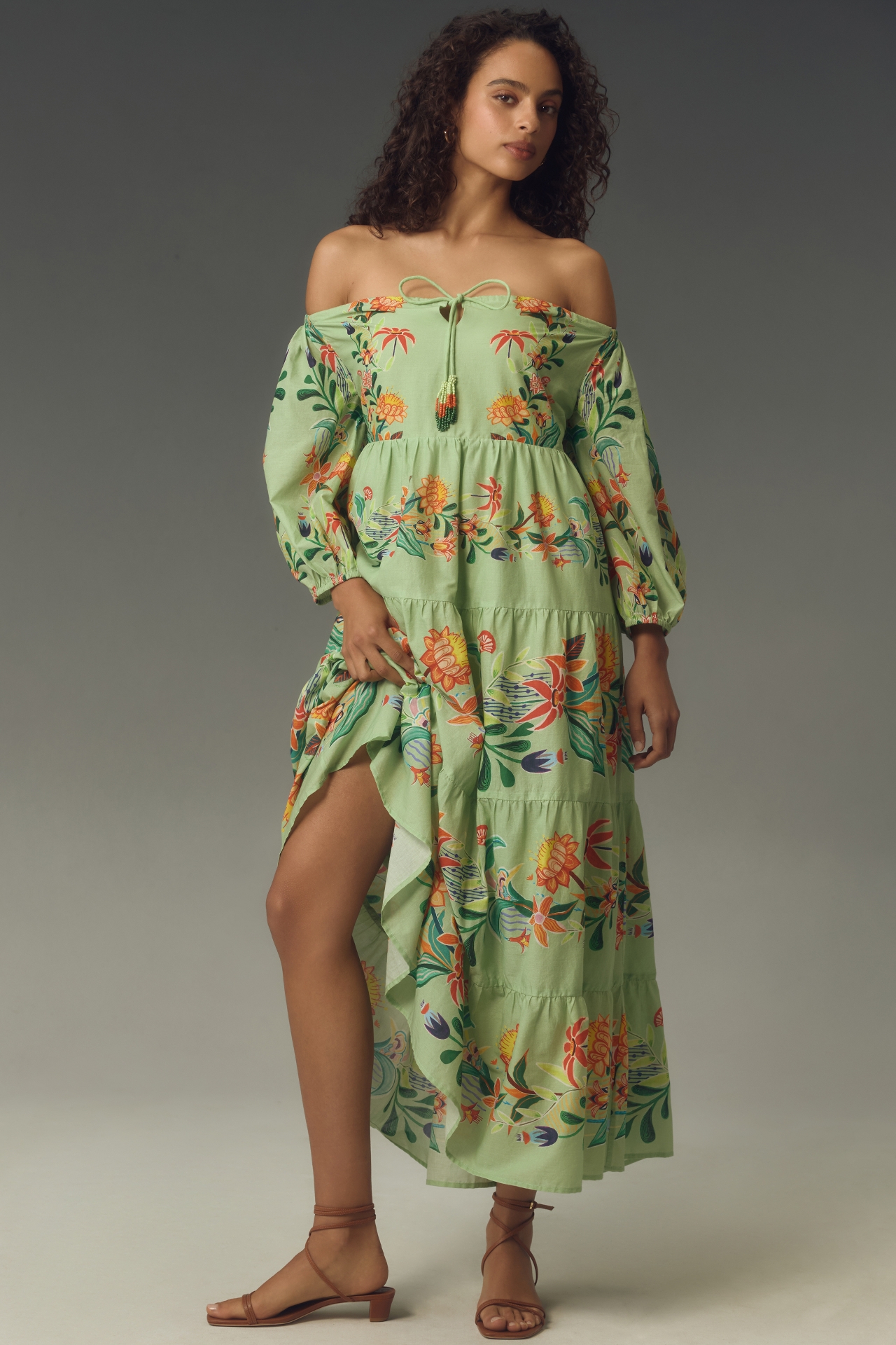 Farm Rio x Anthropologie Off-The-Shoulder Tiered Floral Midi Dress