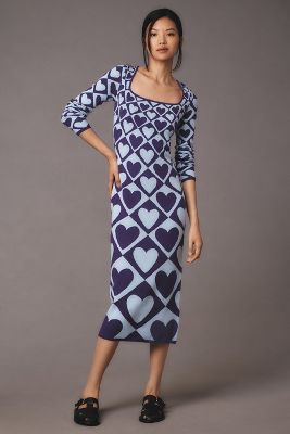 Shop Farm Rio X Anthropologie Geo Heart Long-sleeve Midi Sweater Dress In Blue