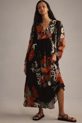 Shop Farm Rio Long-sleeve V-neck Floral Maxi Dress In Multicolor