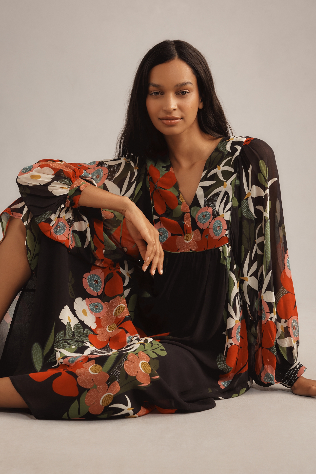 Farm Rio x Anthropologie Long-Sleeve V-Neck Floral Maxi Dress