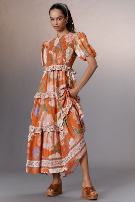 Farm Rio Short-sleeve Crew-neck Tiered A-line Maxi Dress