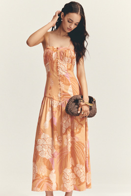 Farm Rio X Anthropologie Linen Blend Strapless Drop-waist Maxi Dress