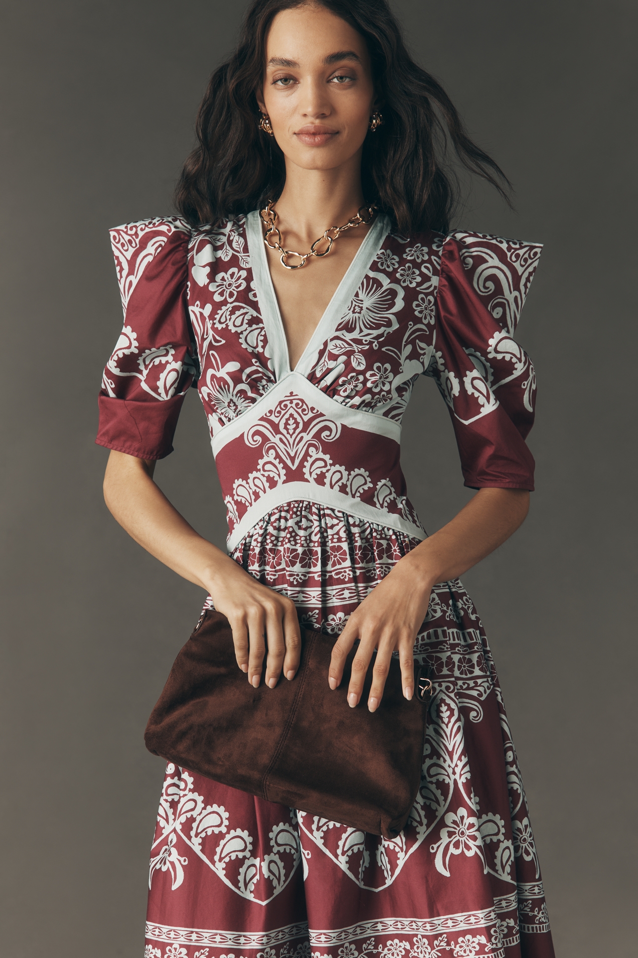 Farm Rio x Anthropologie Printed V-Neck Puff-Sleeve Maxi Dress