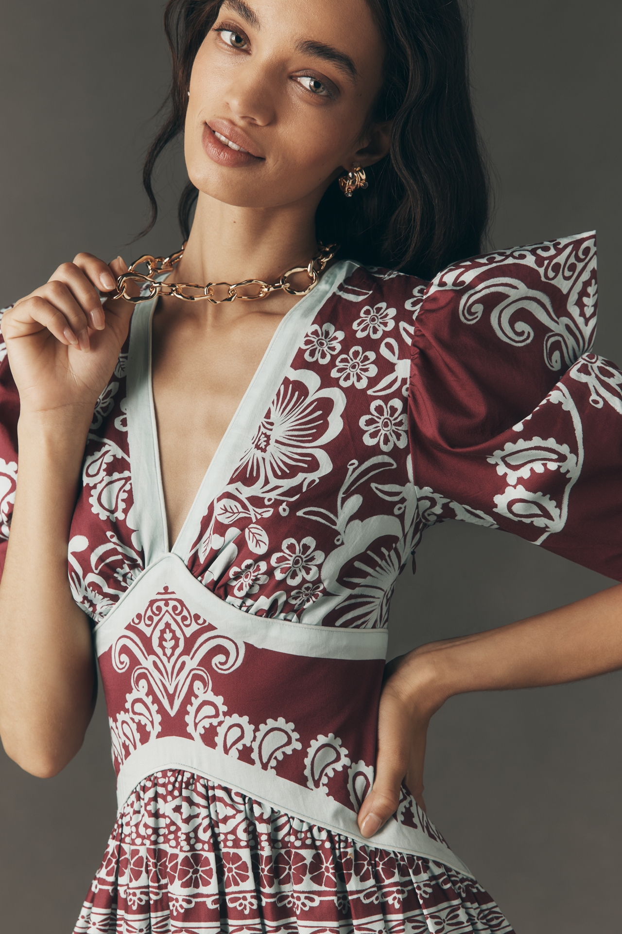 Farm Rio x Anthropologie Printed V-Neck Puff-Sleeve Maxi Dress