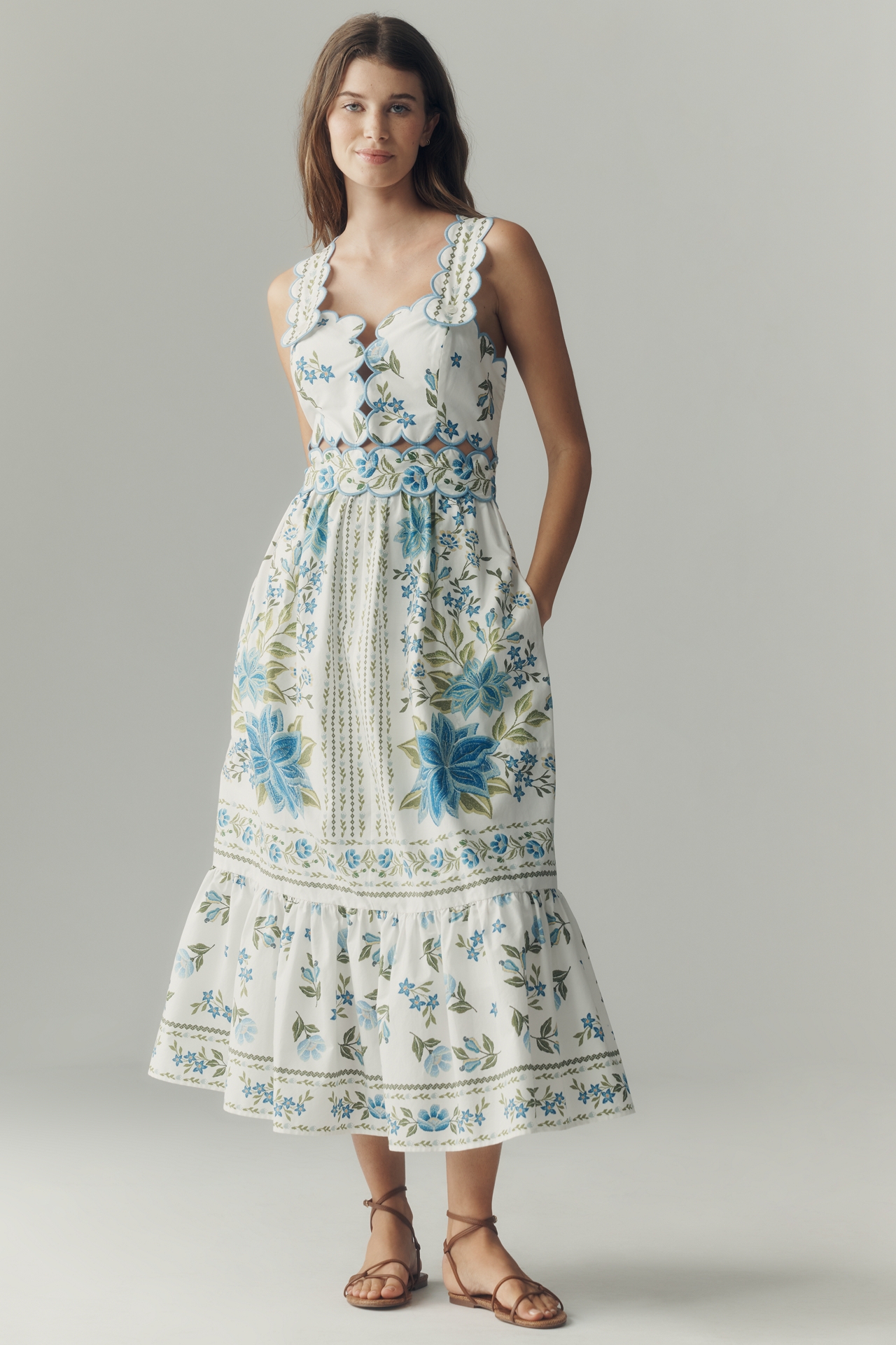 Farm Rio x Anthropologie Sleeveless Scallop-Trim Printed Midi Dress