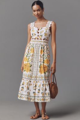 Farm Rio X Anthropologie Sleeveless Scallop-trim Printed Midi Dress