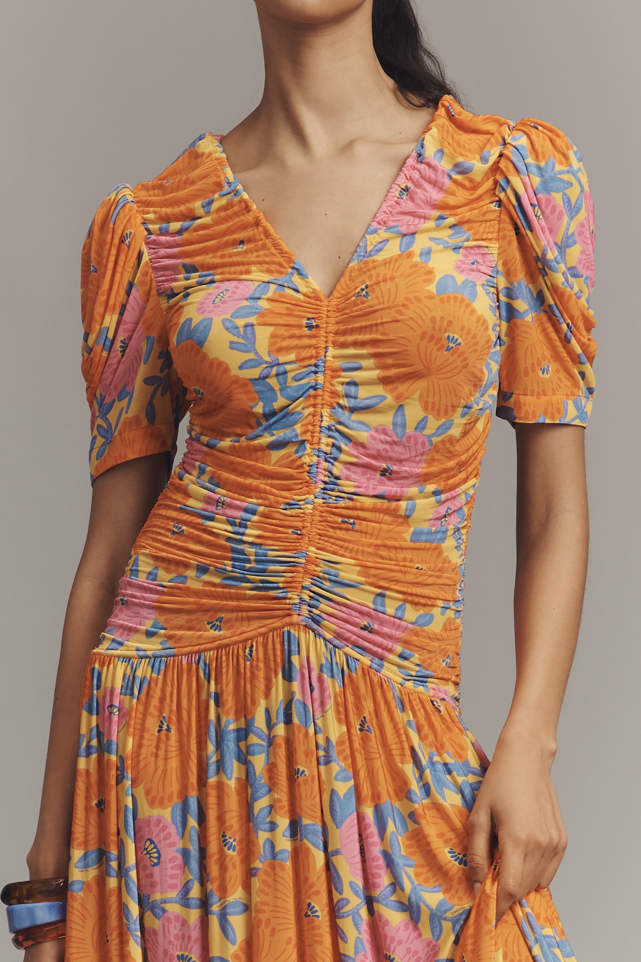 Farm Rio x Anthropologie Short-Sleeve V-Neck Ruched Midi Dress