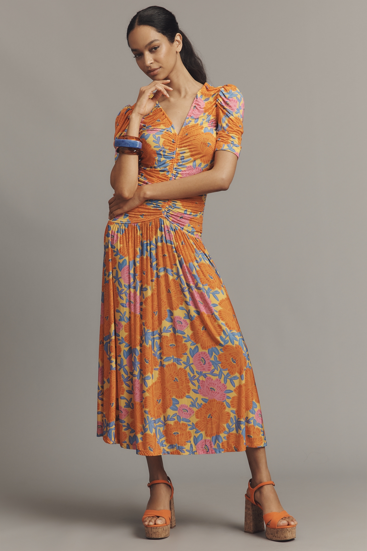 Farm Rio x Anthropologie Short-Sleeve V-Neck Ruched Midi Dress