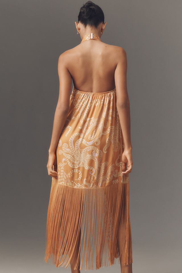 Farm Rio x Anthropologie Halter Fringe Satin Mini Dress