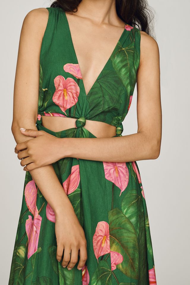 Farm Rio x Anthropologie Linen Blend V-Neck Cutout Midi Dress |  Anthropologie