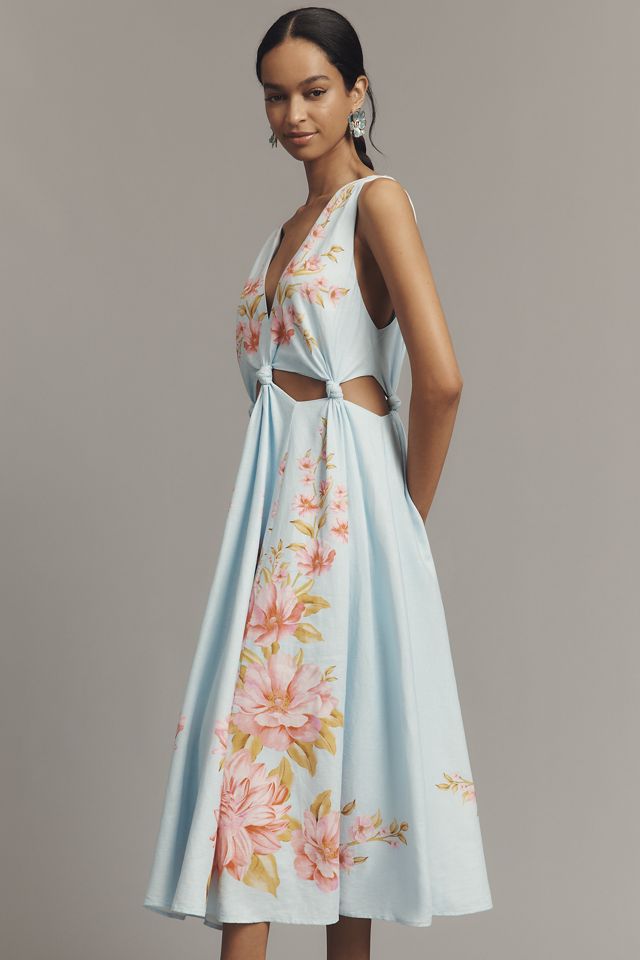 Farm Rio x Anthropologie Linen Blend V-Neck Cutout Midi Dress