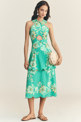 FARM RIO X ANTHROPOLOGIE SCALLOPED HALTER LINEN BLEND DRESS 