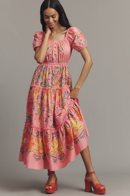anthropologie Farm Rio x Anthropologie Tiered Puff-Sleeve Midi Dress Floral Insects