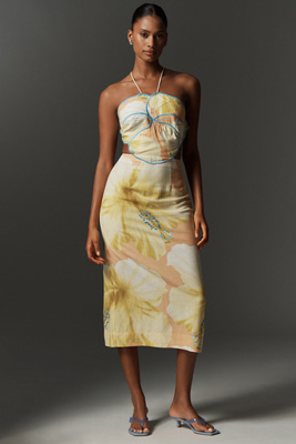 Farm Rio x Anthropologie Floral Printed Linen Blend Halter Midi Dress |  Anthropologie