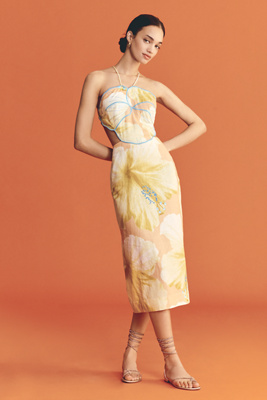 Farm Rio X Anthropologie Floral Printed Linen Blend Halter Midi Dress