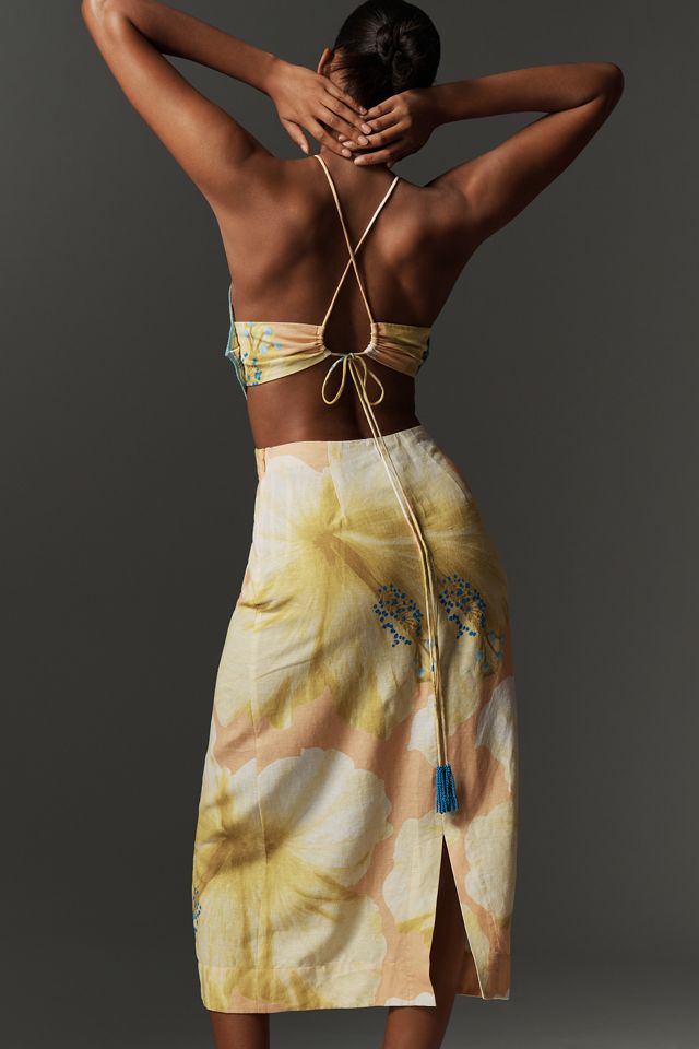 Farm Rio x Anthropologie Floral Printed Linen Blend Halter Midi Dress