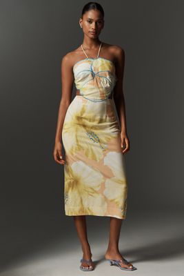 Farm Rio x Anthropologie Floral Printed Linen Blend Halter Midi Dress
