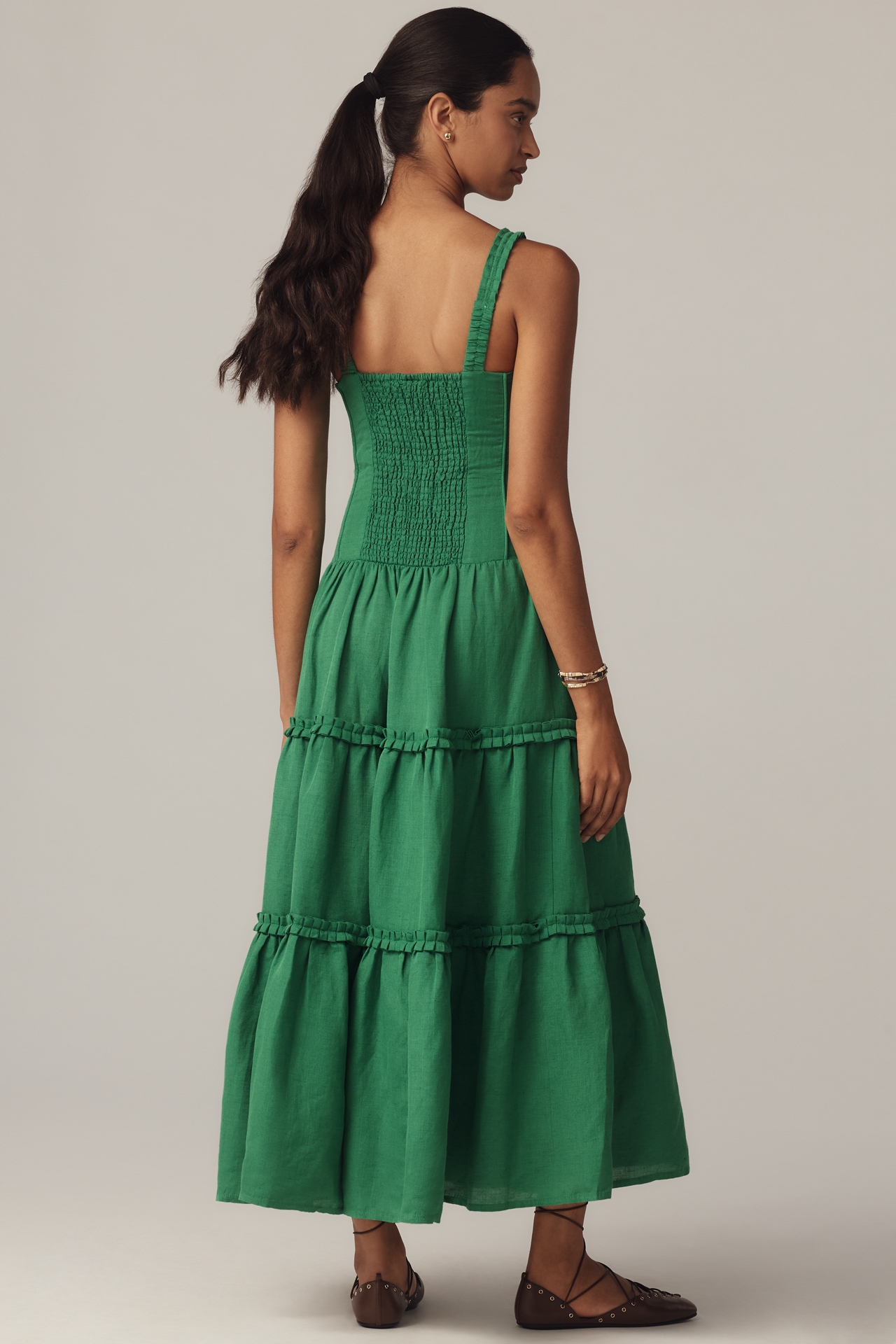 Farm Rio x Anthropologie Linen Blend Tiered Midi Dress