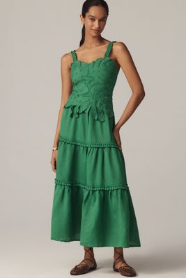 Farm Rio x Anthropologie Linen Blend Tiered Midi Dress