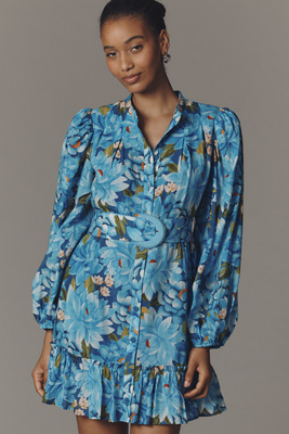 farm rio x anthropologie long-sleeve ruffle-shoulder shift mini dress Farm Rio for Anthropologie Bright Floral Puff Sleeve Mini Dress Womens  Medium