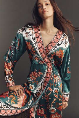 Farm Rio x Anthropologie Long-Sleeve Printed Wrap Midi Dress product page