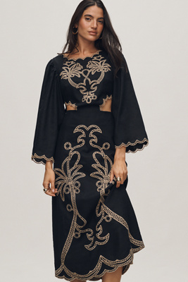 Farm Rio x Anthropologie Long-Sleeve Cutout Embroidered Midi Dress |  Anthropologie