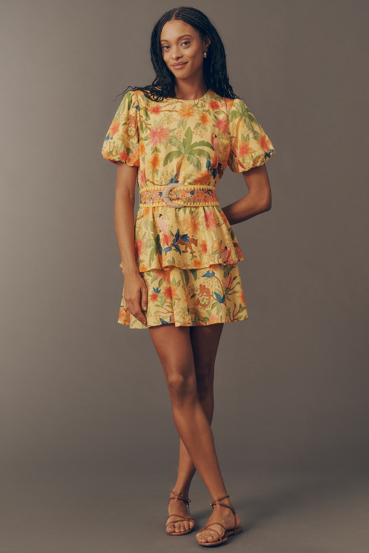 Farm Rio x Anthropologie Belted Tiered Mini Dress