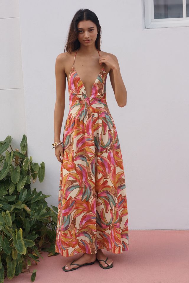 Farm Rio x Anthropologie Linen Plunge-Neck Maxi Dress