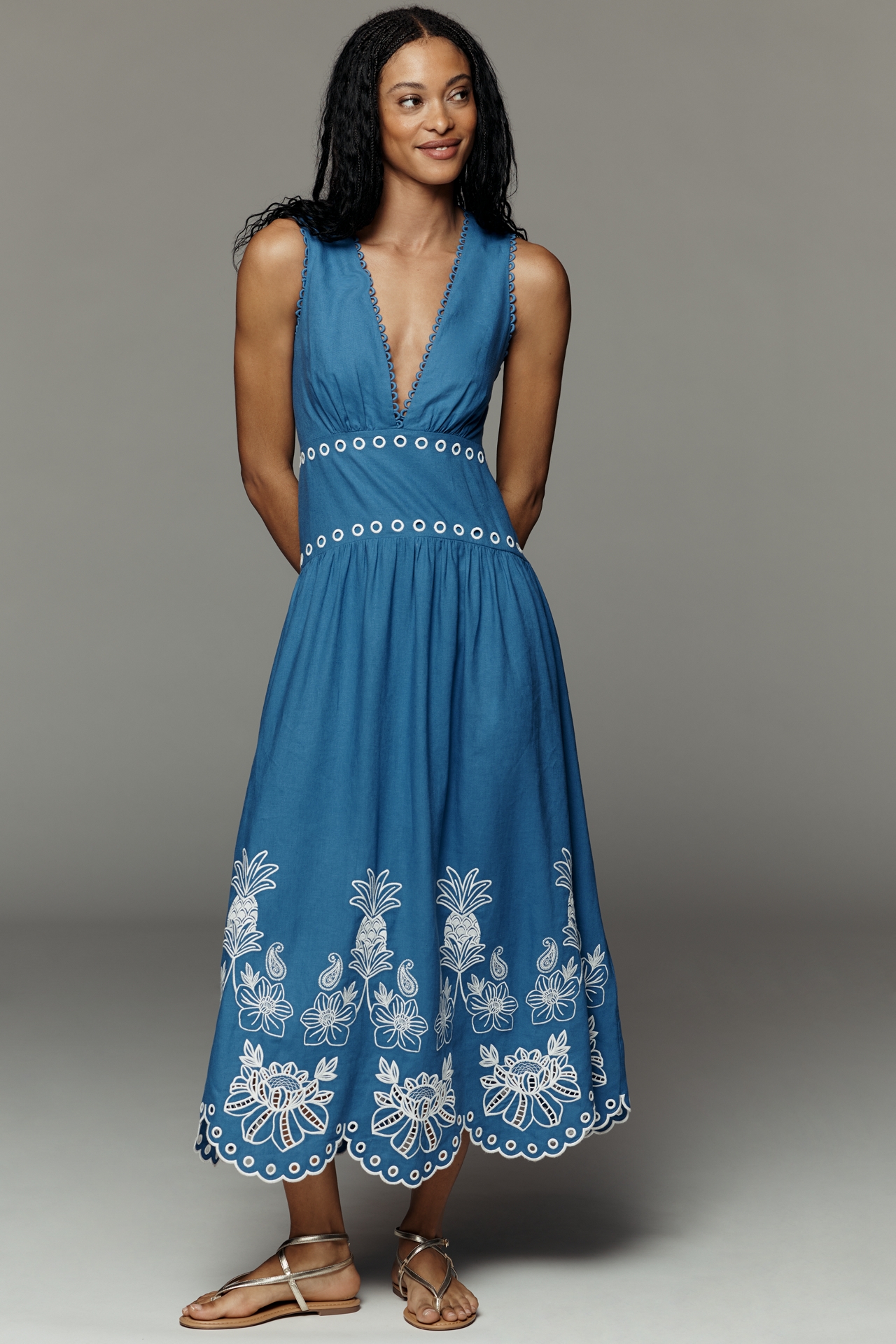 Farm Rio x Anthropologie Linen Cutwork Maxi Dress