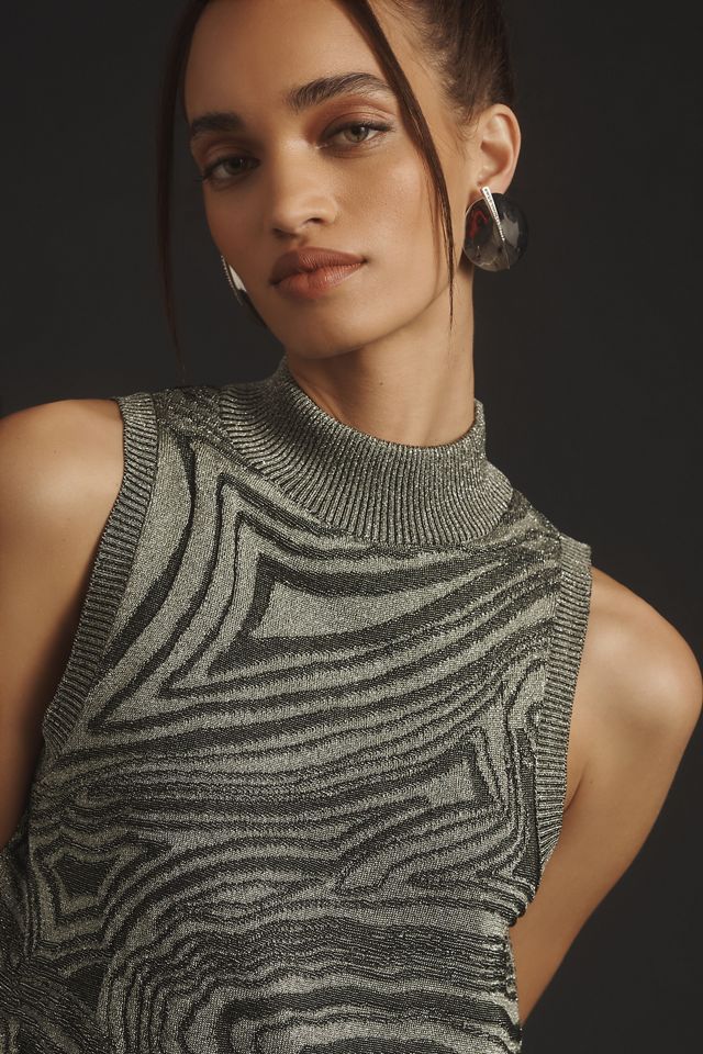 By Anthropologie Metallic Sleeveless Mock-Neck Sweater Mini Dress #3