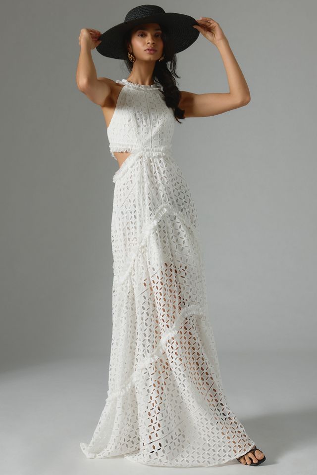 by anthropologie halter cutwork lace dress The Label Eyelet Cutout Anthropologie spring stripe midi dress