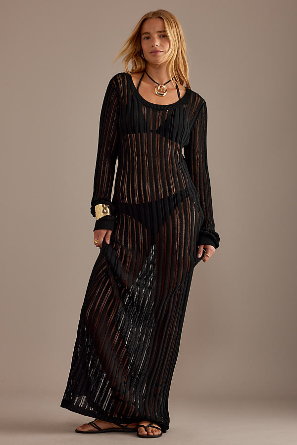 Blanche Tortue Long-Sleeve Open-Stitch Knit Maxi Dress