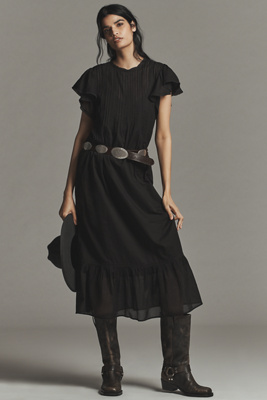 Scotch & Soda Cotton Short-sleeve Pleated Midi Dress In Black