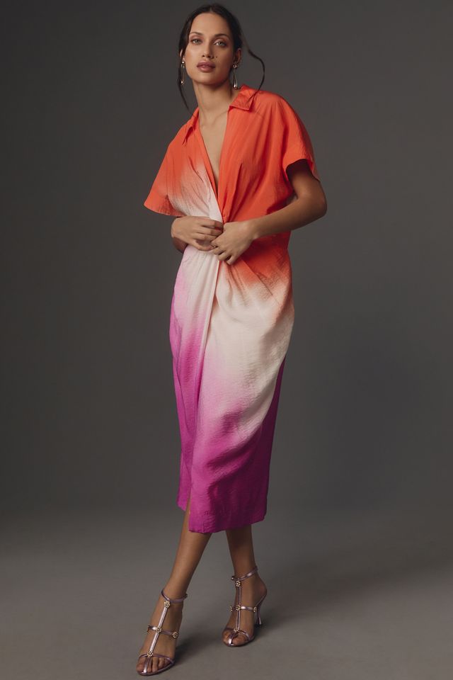 Twisted Front Satin Color Block Midi Dress - Fuchsia/Orange, color