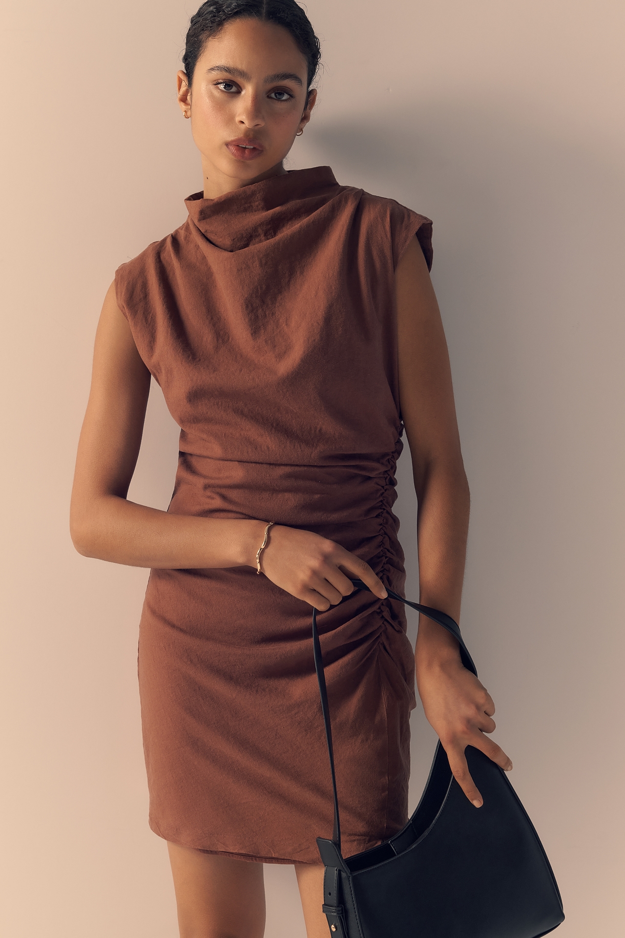 The Linen Maya Ruched Cowl-Neck Dress: Mini Edition