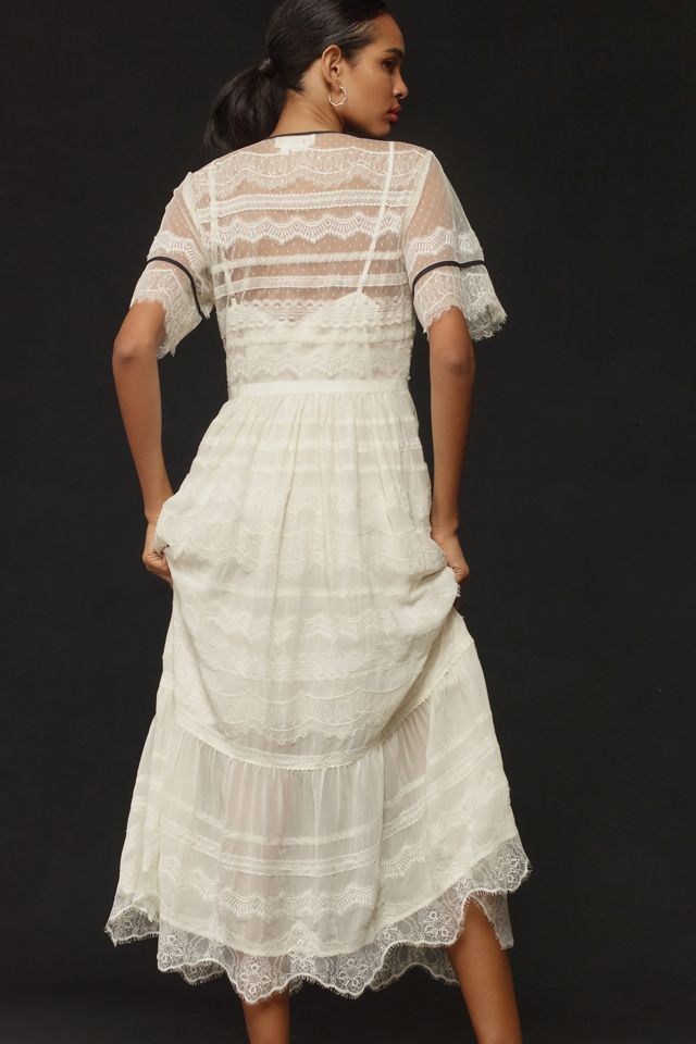By Anthropologie Short-Sleeve Button-Front Lace Midi Dress #1