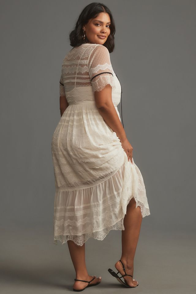 By Anthropologie Short-Sleeve Button-Front Lace Midi Dress #5