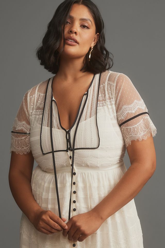 By Anthropologie Short-Sleeve Button-Front Lace Midi Dress #6