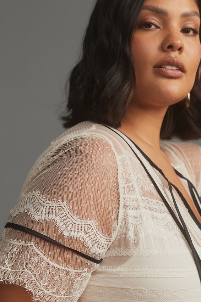By Anthropologie Short-Sleeve Button-Front Lace Midi Dress #7