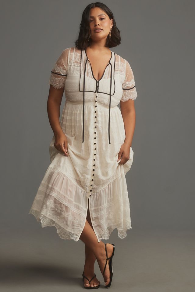 By Anthropologie Short-Sleeve Button-Front Lace Midi Dress #4