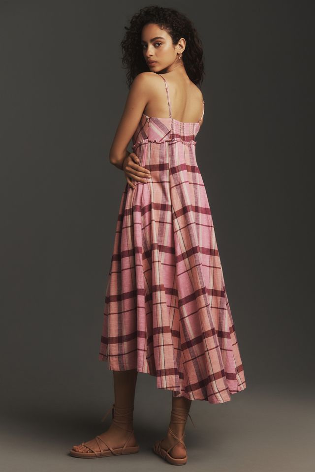 Maeve Linen Pleated-Waist Hanky-Hem Midi Dress #1