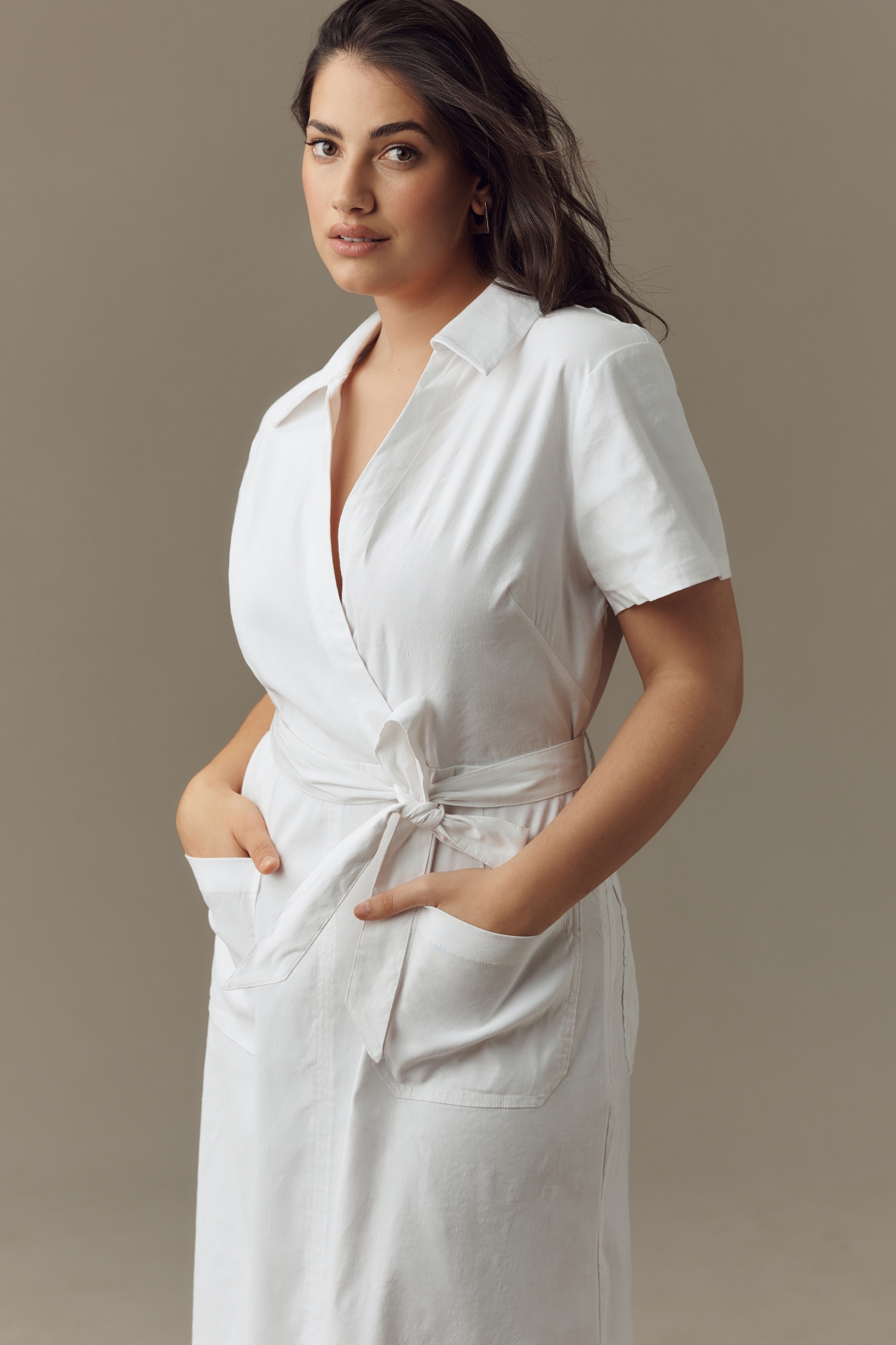 Maeve Short-Sleeve Linen Tie-Waist Midi Dress