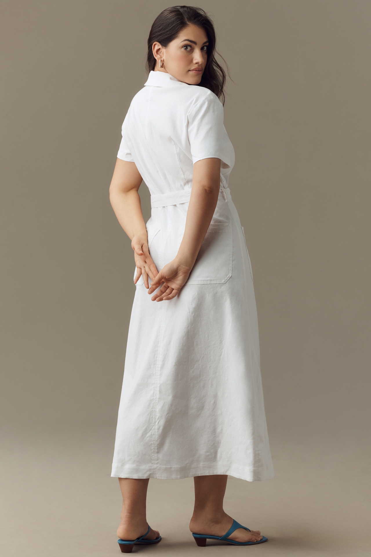 Maeve Short-Sleeve Linen Tie-Waist Midi Dress